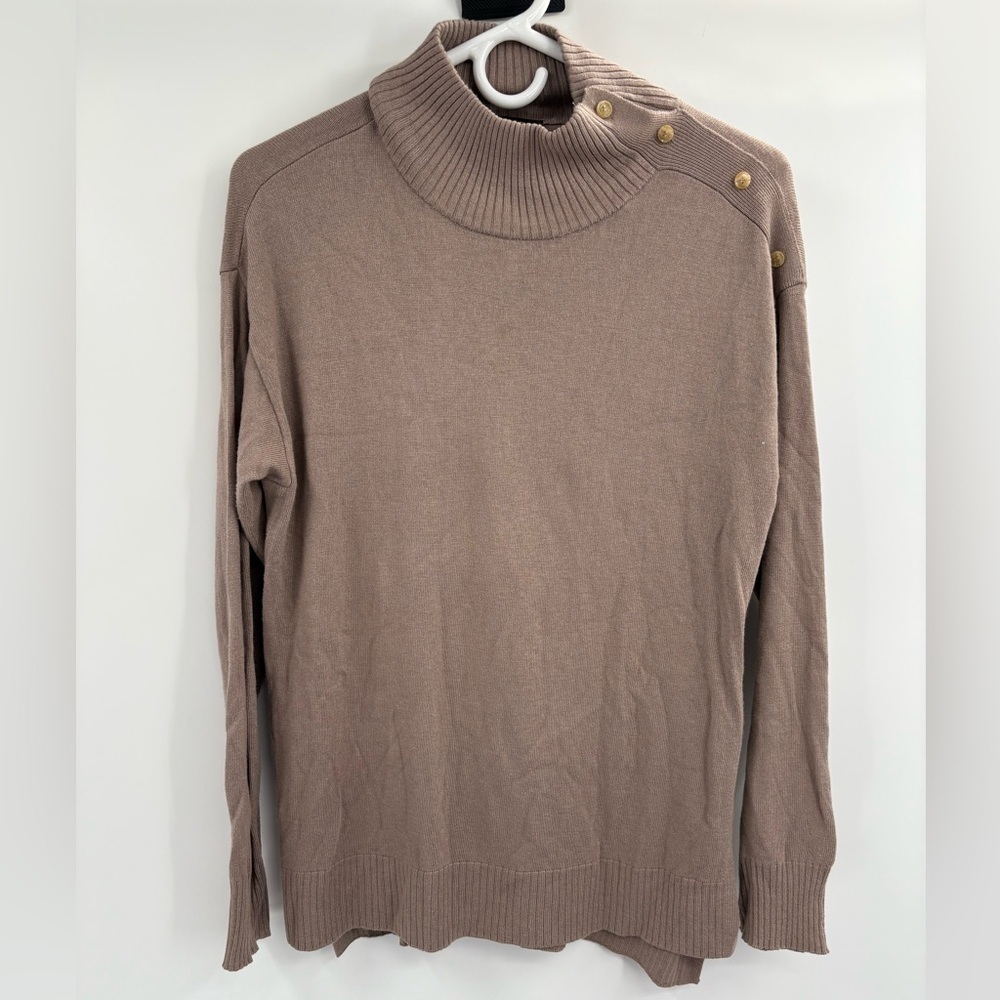 Ann Taylor turtleneck sweater taupe brown button shoulder knit sweater large